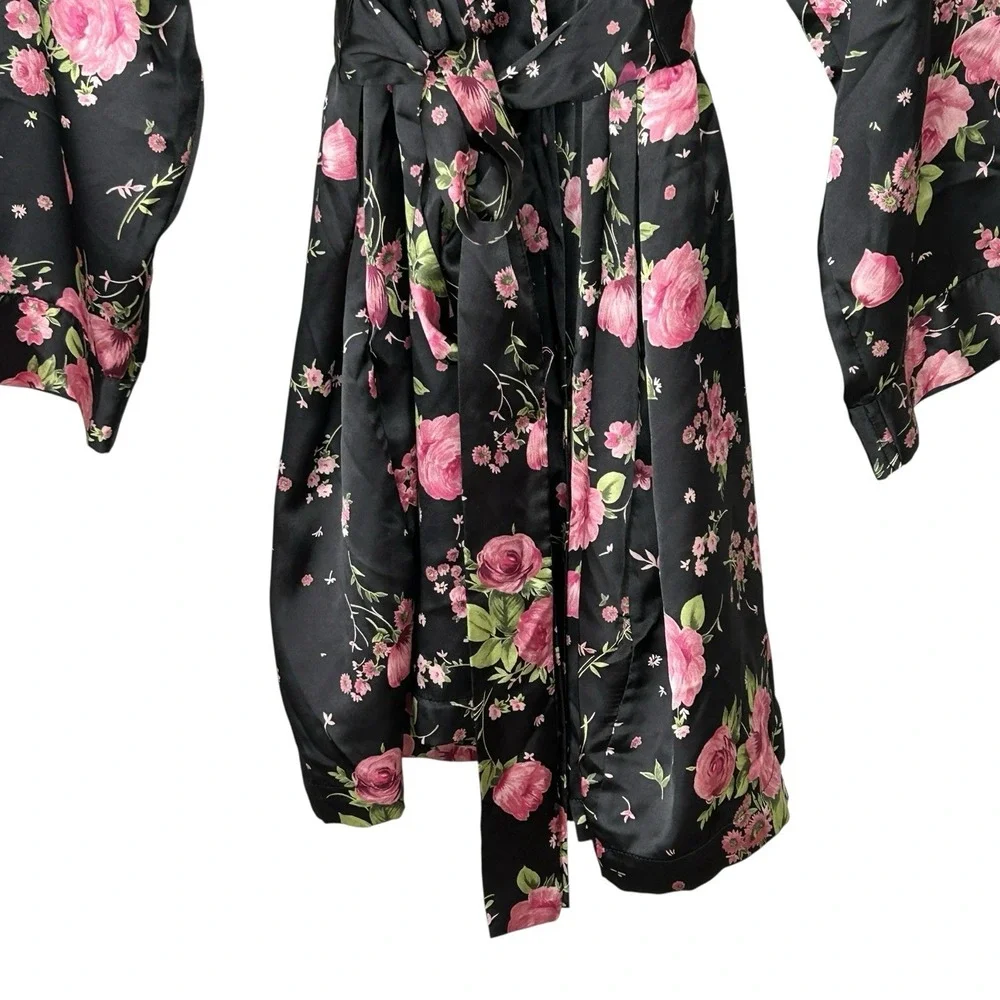 Victorias Secret Floral Silky Robe One Size O/S Y2k Coquette Romantic Mini Black - Picture 6 of 12